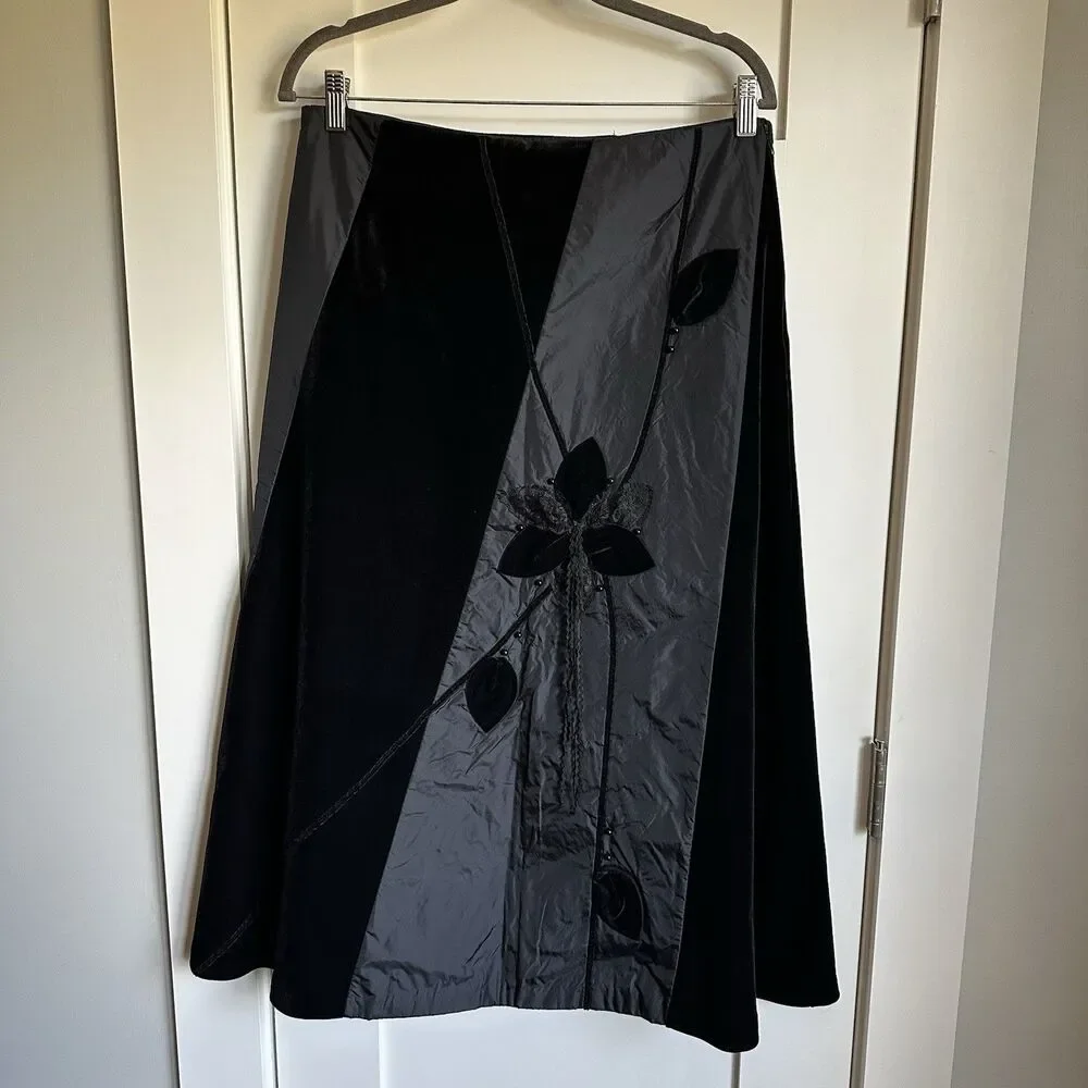 Black Velvet Embroidered Beaded Whimsigoth Witchy A-Line Skirt Size XL